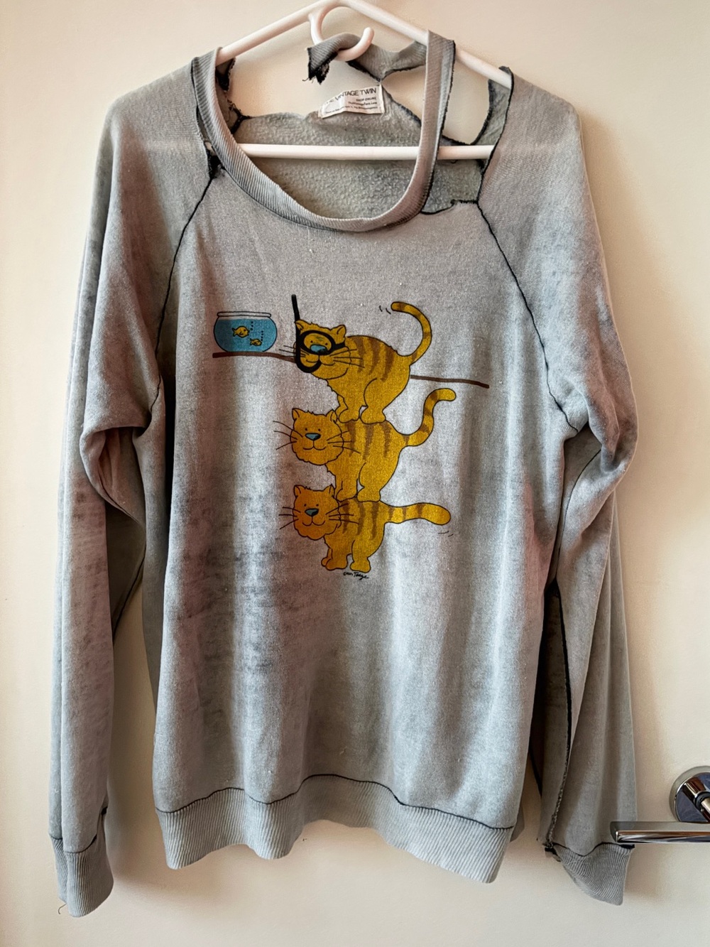 Gray Crewneck Sweatshirt with Yellow Stacked Cat Graphic